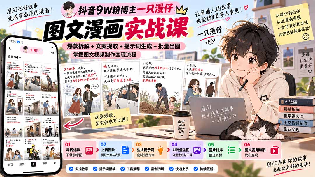 抖音9W粉博主一只漫仔图文漫画课:爆款拆解+文案提取+提示词生成+批量出图,掌握图文视频制作变现流程-巅峰研习社