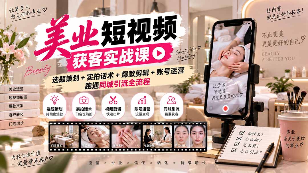 美业短视频获客实战课-无水印：选题策划+实拍话术+爆款剪辑+账号运营，跑通同城引流全流程-巅峰研习社