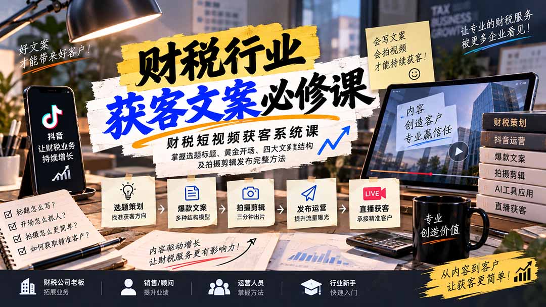 财税短视频获客系统课：掌握选题标题、黄金开场、四大文案结构及拍摄剪辑发布完整方法-巅峰研习社
