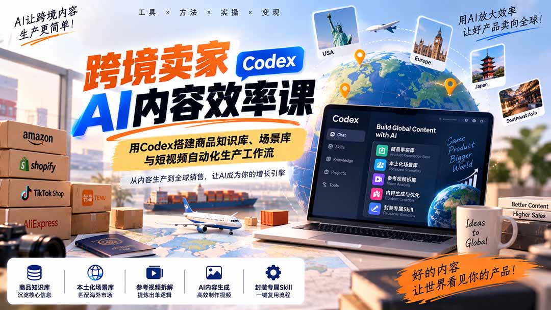 跨境卖家AI内容效率课：用Codex搭建商品知识库、场景库与短视频自动化生产工作流-巅峰研习社
