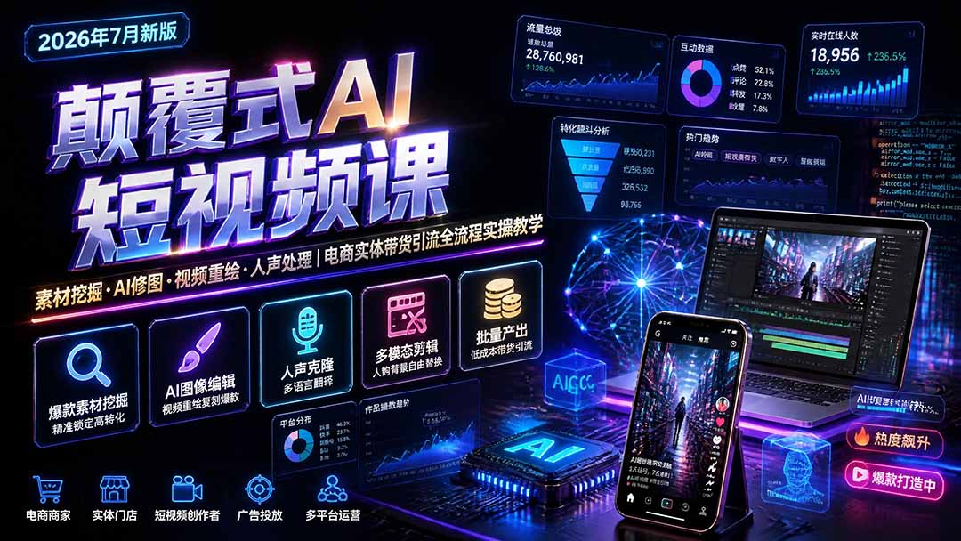 颠覆式AI短视频课-更新|素材挖掘,AI修图,视频重绘,人声处理|电商实体带货引流全流程实操教学-巅峰研习社