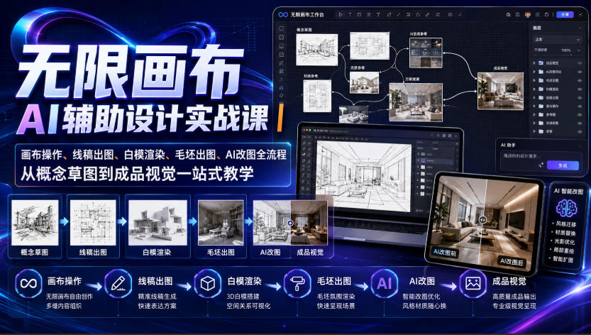 无限画布AI辅助设计实战课｜画布操作、线稿出图、白模渲染、毛坯出图、AI改图全流程，从概念草图到成品视觉一站式教学(更新0923)-巅峰研习社