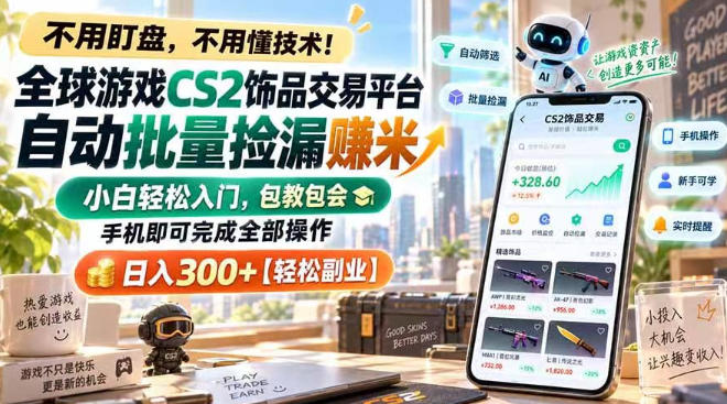 全球游戏CS2饰品交易平台自动批量捡漏賺米,小白轻松入门,包教包会,手机即可完成全部操作,日入300+【揭秘】-巅峰研习社