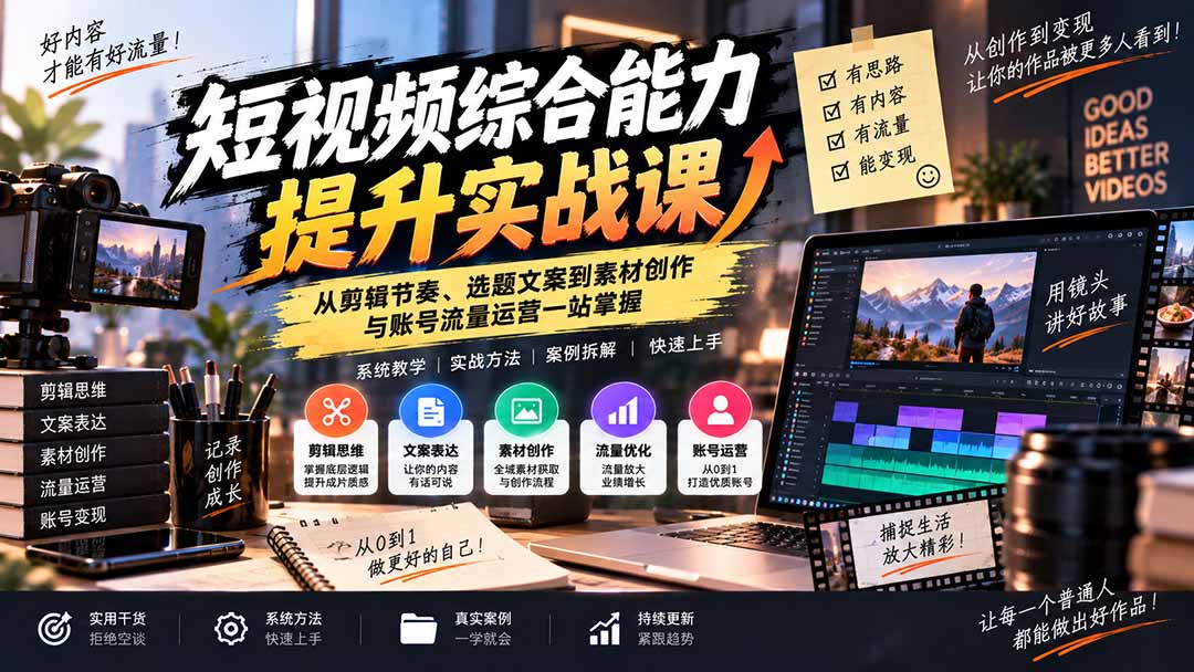 短视频综合能力提升实战课：从剪辑节奏、选题文案到素材创作与账号流量运营一站掌握-巅峰研习社