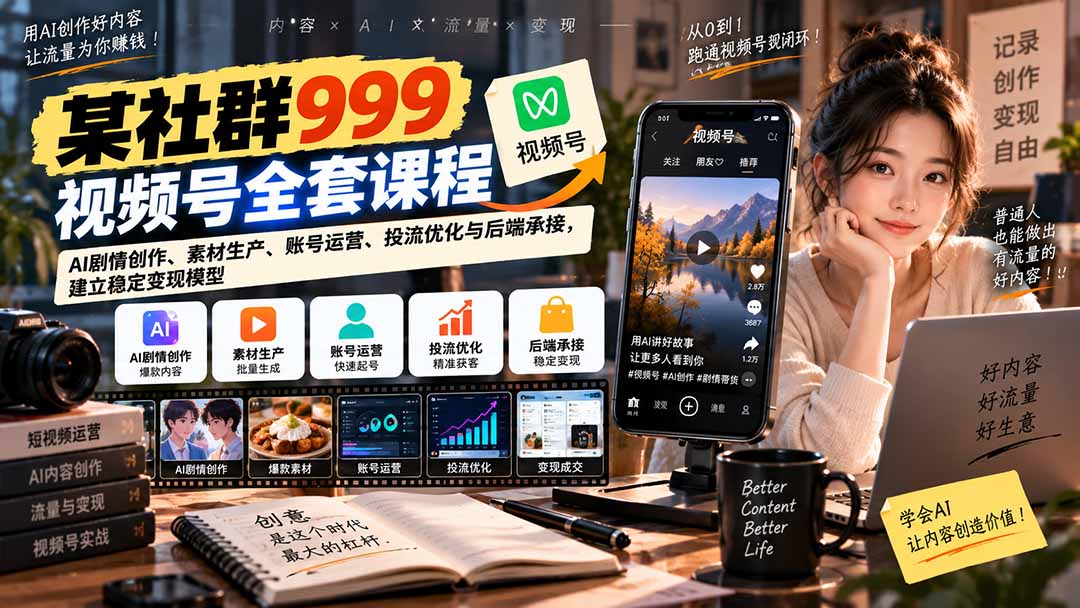 【无水印】某社群999视频号全套课程：AI剧情创作、素材生产、账号运营、投流优化与后端承接，建立稳定变现模型-巅峰研习社