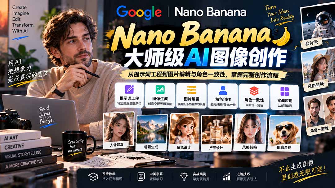 【无水印】Nano Banana大师级AI图像实战课：从提示词工程到图片编辑与角色一致性，掌握完整创作流程-巅峰研习社