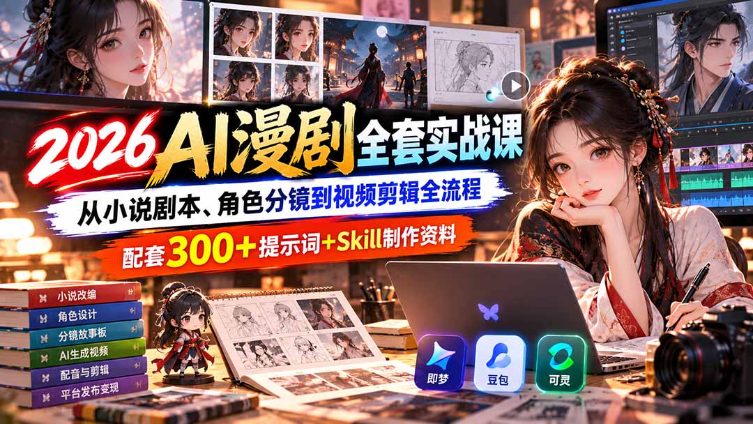 【无水印】2026AI漫剧全套实战课：从小说剧本、角色分镜到视频剪辑全流程，配套300+提示词+Skill制作资料-巅峰研习社