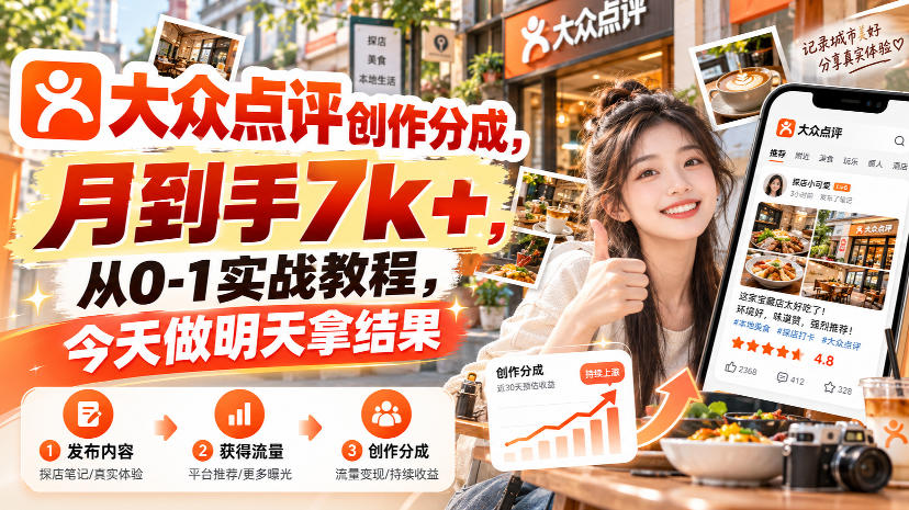 大众点评创作分成,月到手7k+,从0-1实战教程,今天做明天拿结果-巅峰研习社