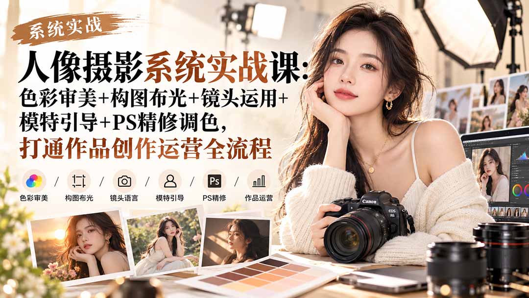 【无水印】人像摄影系统实战课：色彩审美+构图布光+镜头运用+模特引导+PS精修调色，打通作品创作运营全流程-巅峰研习社