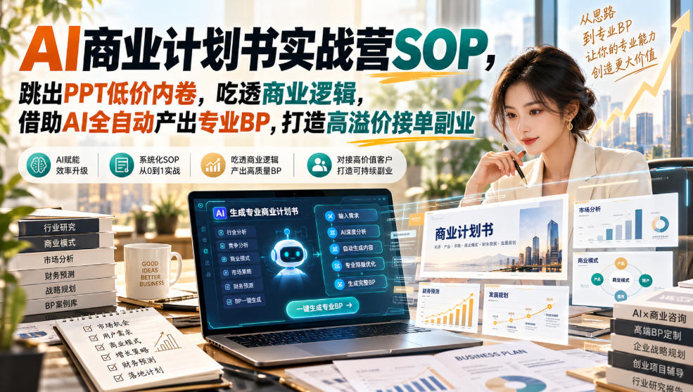 AI商业计划书实战营SOP,跳出PPT低价内卷,吃透商业逻辑,借助AI全自动产出专业BP,打造高溢价接单副业-巅峰研习社