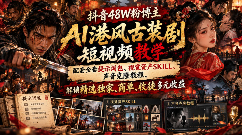 抖音48W粉博主AI港风古装剧短视频教学,配套全套提示词包、视觉资产SKILL、声音克隆教程,解锁精选独家、商单、收徒多元收益-巅峰研习社
