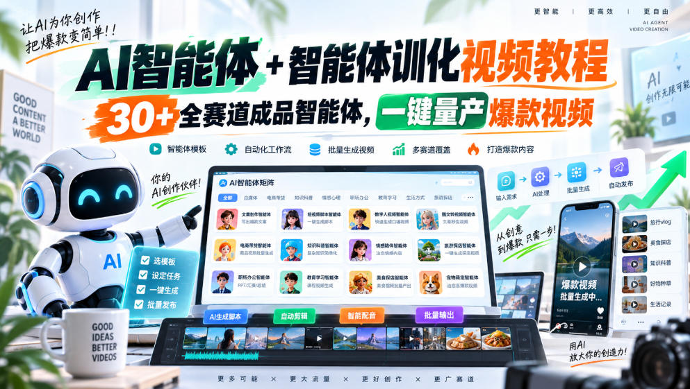 【无水印】AI智能体+智能体训化视频教程，30+全赛道成品智能体，一键量产爆款视频【更新】-巅峰研习社