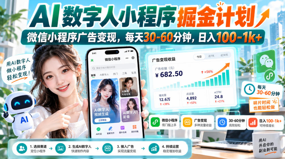 【无水印】AI数字人小程序掘金计划，微信小程序广告变现，每天30‑60分钟，日入100‑1k+-巅峰研习社