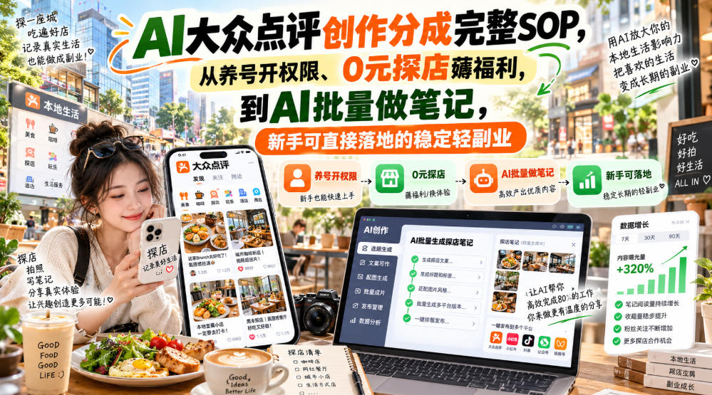 【无水印】AI大众点评创作分成完整SOP，从养号开权限、0元探店薅福利，到AI批量做笔记，新手可直接落地的稳定轻副业-巅峰研习社