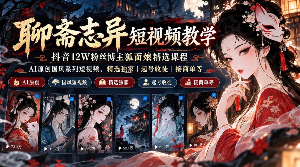 聊斋志异短视频教学，抖音12W粉丝博主狐面娘精选课程，AI原创国风系列短视频，精选独家丨起号收徒丨接商单等-巅峰研习社
