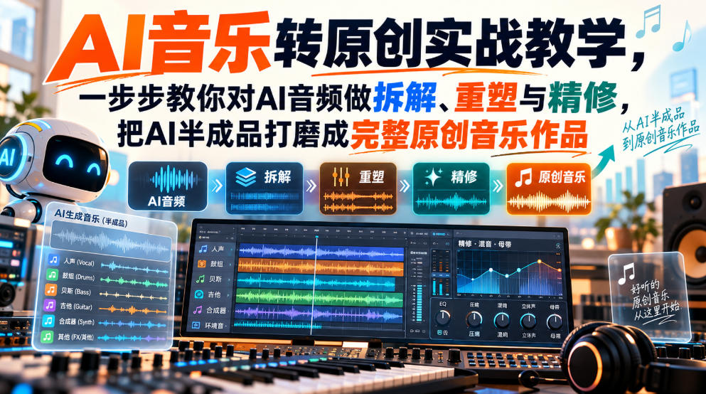 AI音乐转原创实战教学,一步步教你对AI音频做拆解、重塑与精修,把AI半成品打磨成完整原创音乐作品-巅峰研习社
