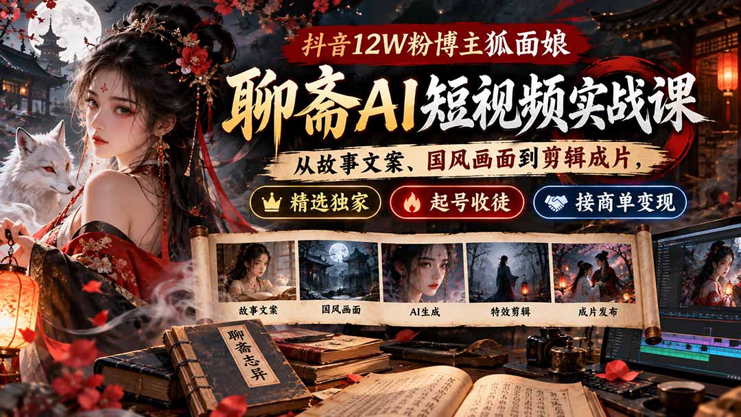 抖音12W粉博主狐面娘-聊斋AI短视频实战课：从故事文案、国风画面到剪辑成片，精选独家+起号收徒+接商单变现-巅峰研习社
