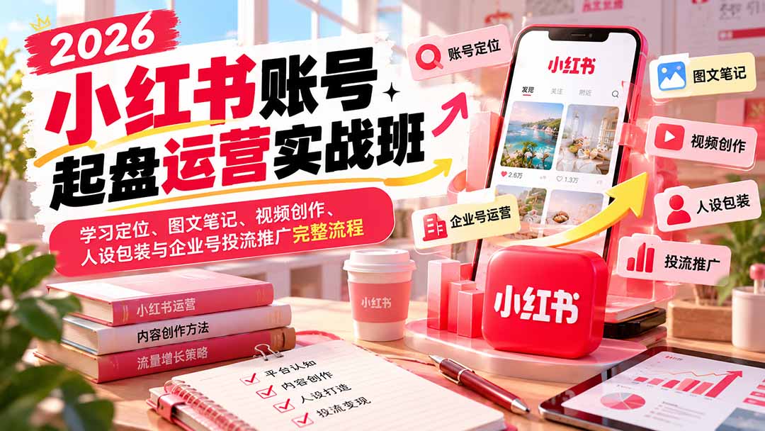 2026小红书账号起盘运营实战班:学习定位、图文笔记、视频创作、人设包装与企业号投流推广完整流程-巅峰研习社