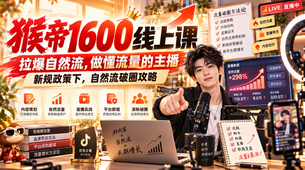 猴帝1600线上课,拉爆自然流,做懂流量的主播,新规政策下,自然流破圈攻略【更新260926】-巅峰研习社