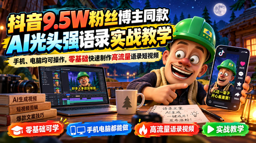 抖音9.5W粉丝博主同款AI光头强语录实战教学，手机、电脑均可操作，零基础快速制作高流量语录短视频-巅峰研习社