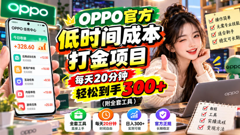 OPPO官方低时间成本打金项目,每天20分钟,轻松到手300+(附全套工具)【揭秘】-巅峰研习社