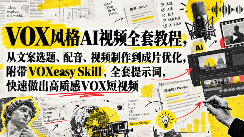 VOX风格AI视频全套教程，从文案选题、配音、视频制作到成片优化，附带VOXeasy Skill、全套提示词，快速做出高质感VOX短视频-巅峰研习社
