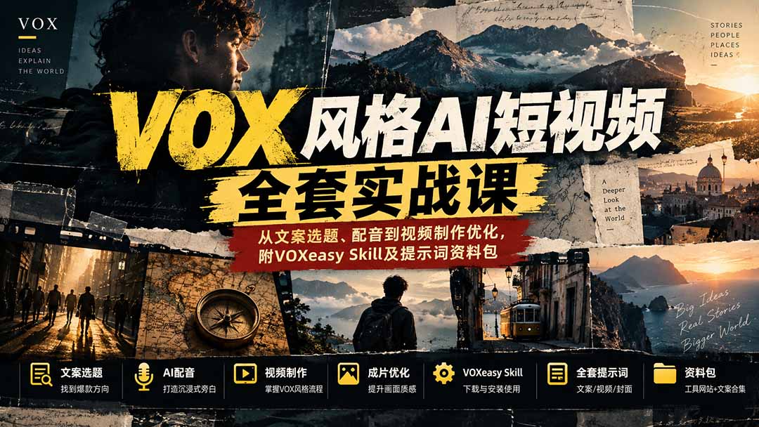 【无水印】VOX风格AI短视频全套实战课：从文案选题、配音到视频制作优化，附VOXeasy Skill及提示词资料包-巅峰研习社