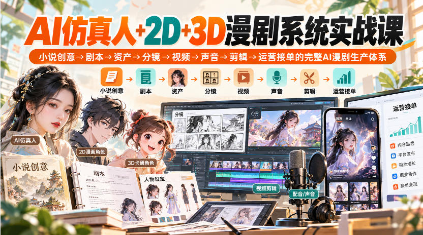 【无水印】AI仿真人+2D+3D漫剧系统实战课，小说创意→剧本→资产→分镜→视频→声音→剪辑→运营接单的完整AI漫剧生产体系-巅峰研习社