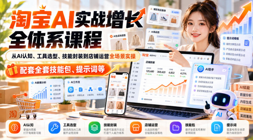 淘宝AI实战增长全体系课程，从AI认知、工具选型、技能封装到店铺运营全场景实操，配套全套技能包、提示词等-巅峰研习社