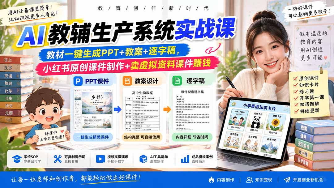 AI教辅生产系统实战课-更新0926|教材一键生成PPT+教案+逐字稿,小红书原创课件制作+卖虚拟资料课件赚钱-巅峰研习社