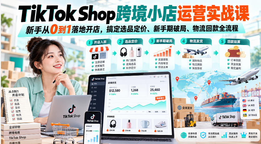 TikTok Shop跨境小店运营实战课，新手从0到1落地开店，搞定选品定价、新手期破局、物流回款全流程-巅峰研习社