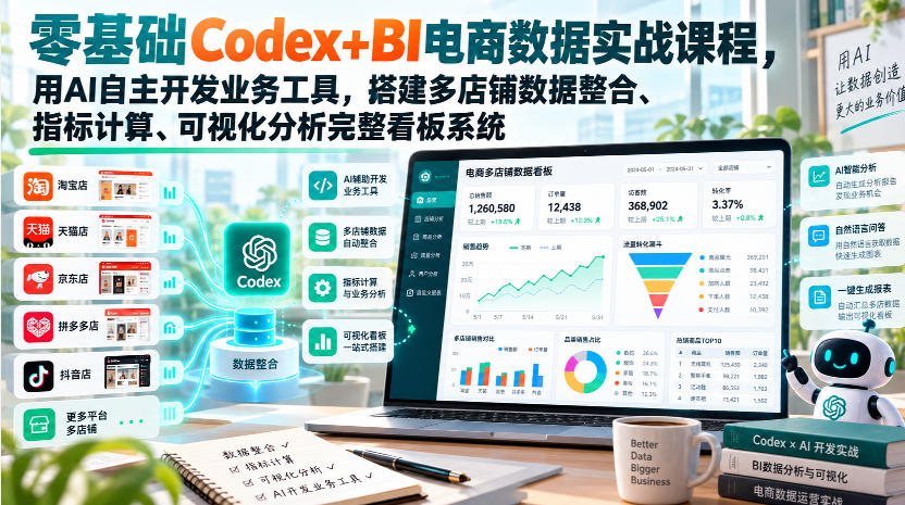 零基础Codex+BI电商数据实战课程，用AI自主开发业务工具，搭建多店铺数据整合、指标计算、可视化分析完整看板系统-巅峰研习社
