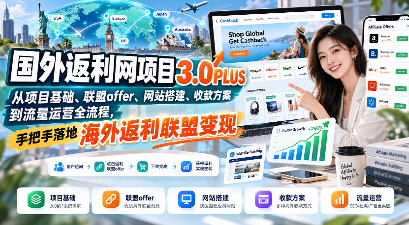 国外返利网项目3.0PLUS，从项目基础、联盟offer、网站搭建、收款方案到流量运营全流程，手把手落地海外返利联盟变现-巅峰研习社