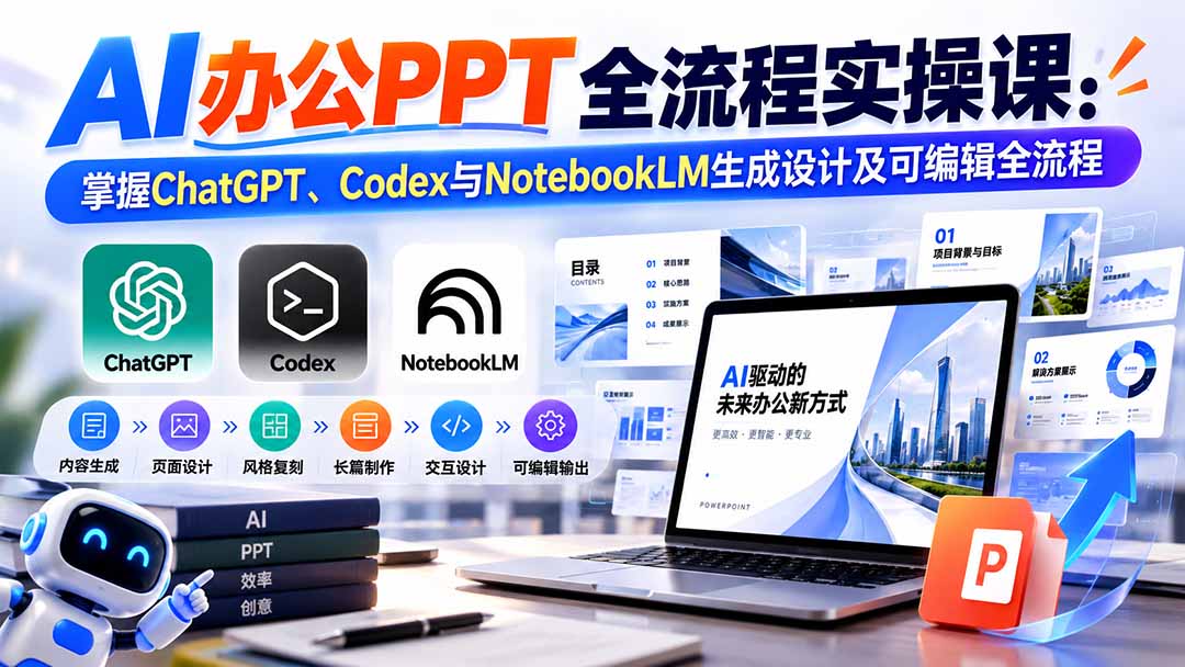 【无水印】AI办公PPT全流程实操课： 掌握ChatGPT、Codex与NotebookLM生成设计及可编辑全流程-巅峰研习社