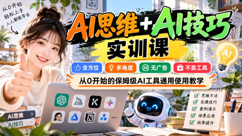 【无水印】AI思维+AI技巧实训课，全方位、多角度、无广告、不卖工具，从0开始的保姆级AI工具通用使用教学-巅峰研习社