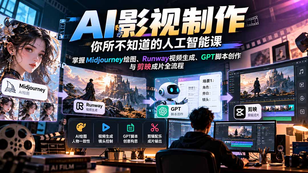 【无水印】AI影视制作-你所不知道的人工智能课，掌握Midjourney绘图、Runway视频生成、GPT脚本创作与剪映成片全流程-巅峰研习社