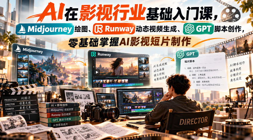 【无水印】AI在影视行业基础入门课，Midjourney绘图、Runway动态视频生成、GPT脚本创作，零基础掌握AI影视短片制作-巅峰研习社