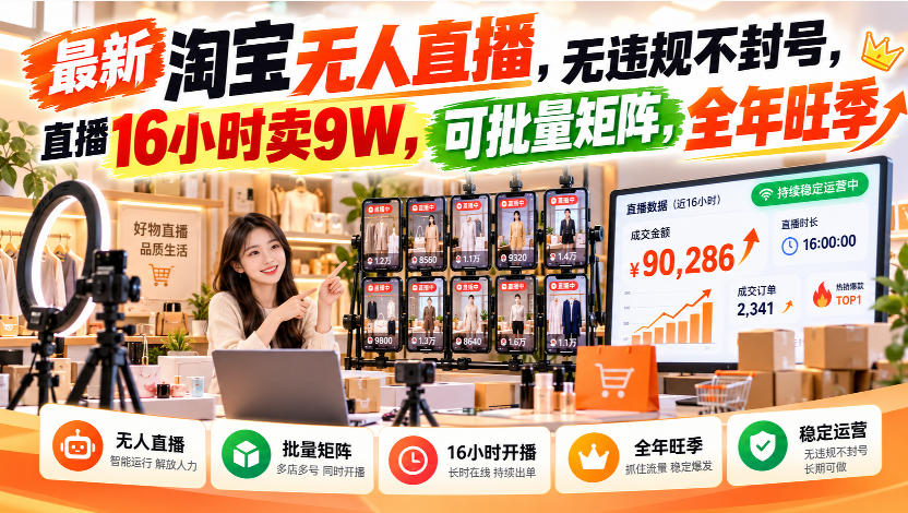 最新淘宝无人直播，无违规不封号，直播16小时卖9W，可批量矩阵，全年旺季【揭秘】-巅峰研习社