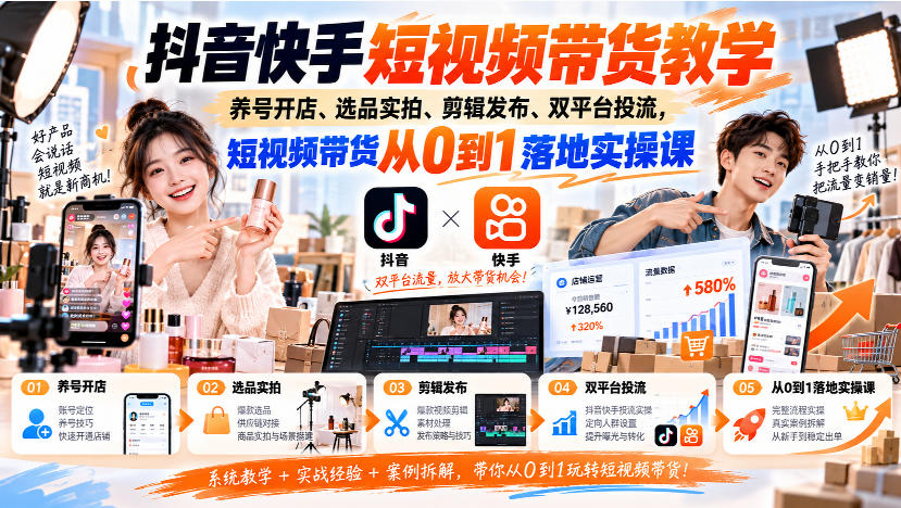 抖音快手短视频带货教学｜养号开店、选品实拍、剪辑发布、双平台投流，短视频带货从0到1落地实操课-巅峰研习社