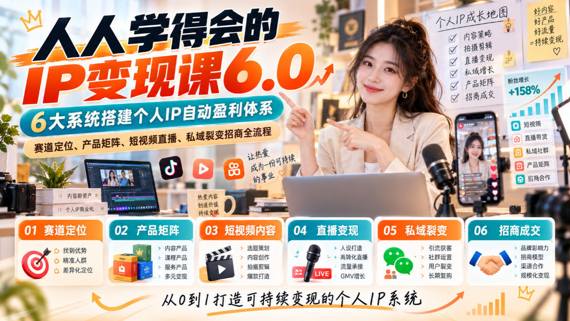 人人学得会的IP变现课6.0，6大系统搭建个人IP自动盈利体系，赛道定位、产品矩阵、短视频直播、私域裂变招商全流程-巅峰研习社
