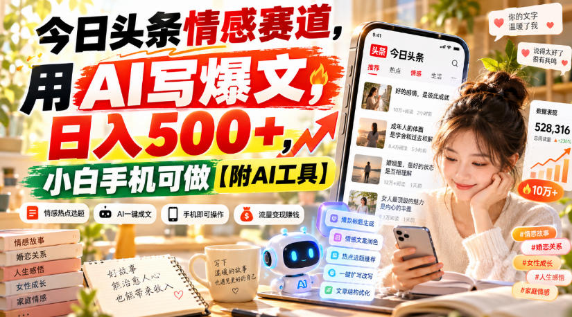 今日头条情感赛道，用AI写爆文，日入500+，小白手机可做【附AI工具】-巅峰研习社