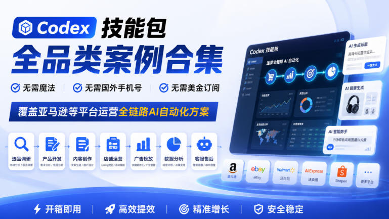 Codex技能包全品类案例合集,无需魔法、无需国外手机号、无需美金订阅,覆盖亚马逊等平台运营全链路AI自动化方案-巅峰研习社