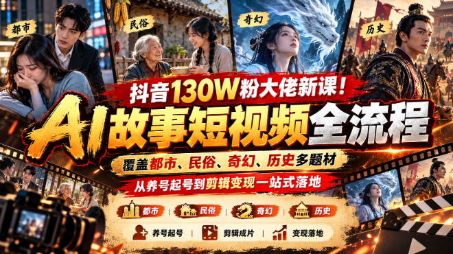 抖音130W粉大佬新课！AI故事短视频全流程，覆盖都市、民俗、奇幻、历史多题材，从养号起号到剪辑变现一站式落地-巅峰研习社