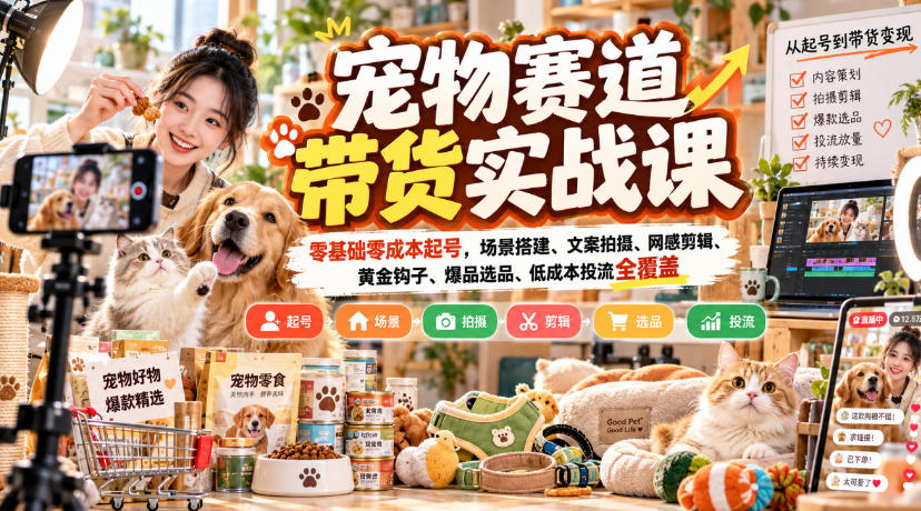 宠物赛道带货实战课，零基础零成本起号，场景搭建、文案拍摄、网感剪辑、黄金钩子、爆品选品、低成本投流全覆盖-巅峰研习社