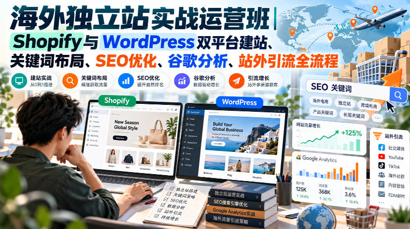 海外独立站实战运营班｜Shopify与WordPress双平台建站、关键词布局、SEO优化、谷歌分析、站外引流全流程-巅峰研习社