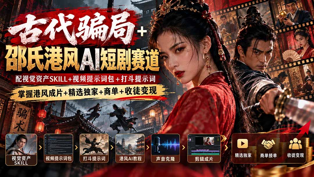 古代骗局+邵氏港风AI短剧赛道:配视觉资产SKILL+视频提示词包+打斗提示词,掌握港风成片+精选独家+商单+收徒变现-巅峰研习社
