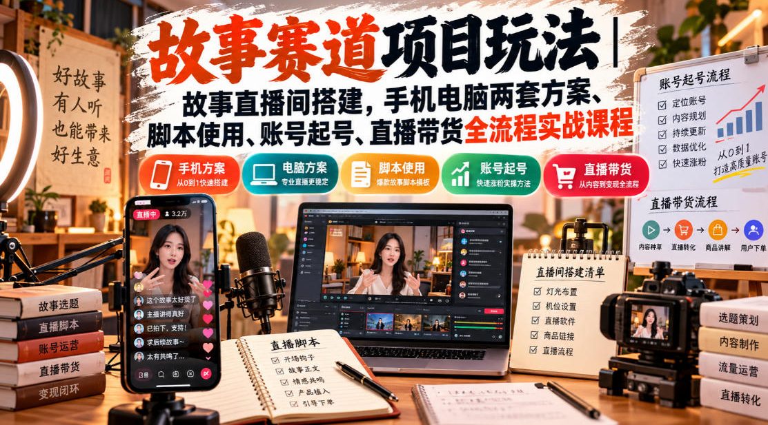故事赛道项目玩法｜故事直播间搭建，手机电脑两套方案、脚本使用、账号起号、直播带货全流程实战课程-巅峰研习社