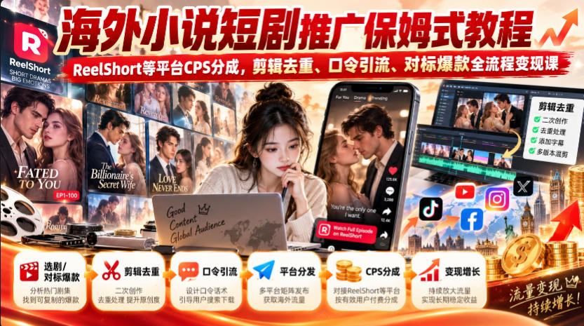 海外小说短剧推广保姆式教程｜ReelShort等平台CPS分成，剪辑去重、口令引流、对标爆款全流程变现课-巅峰研习社