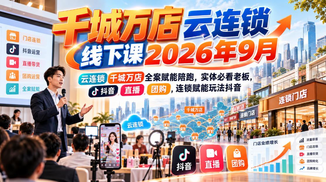千城万店云连锁线下课2026年9月，云连锁千城万店全案赋能陪跑，实体必看老板，抖音，直播，团购，连锁赋能玩法抖音-巅峰研习社
