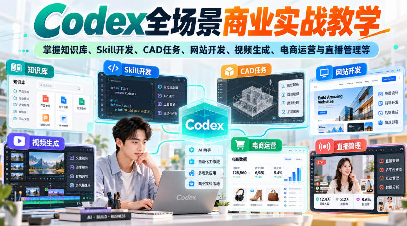 【无水印】Codex全场景商业实战教学,掌握知识库、Skill开发、CAD任务、网站开发、视频生成、电商运营与直播管理等-巅峰研习社